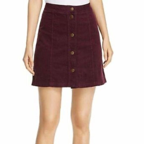 Nordstrom NWOT Three Dot burgundy a-line corduroy mini skit gold buttons - small - Picture 1 of 9